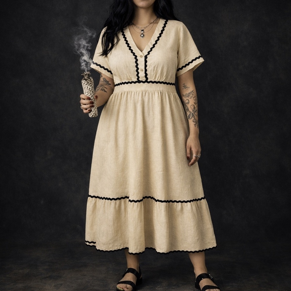 Emery Rose Cream Midi Dress XL | Ric Rac Trim | Cottagecore Witchy